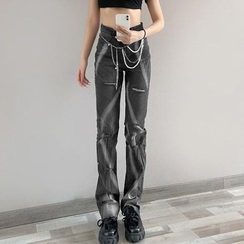 2021For All Season Womens High Waist Black Jeans Slim Printed Straight Hole Casual Streetwear Style Jeans