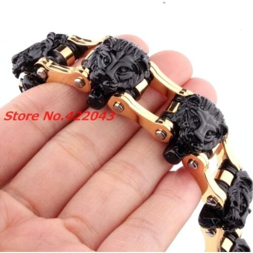 8.6" 23mm Charming Black Lion Heads Heavy 316L Stainless Steel Gold Motorcycle Bicycle Biker Bracelets Pulseras de Hombre