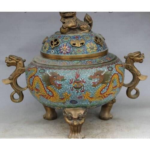 Bi001991 Royal Palace Cloisonne Dragon Unicorn Statue Bronze Lion Incense Burner Censer