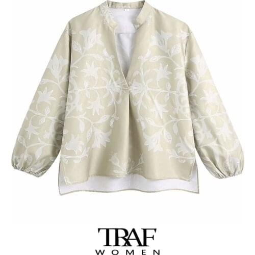 TRAF Za Women Fashion Totem Print Loose Asymmetric Linen Blouses Vintage Long Sleeve Side Vents Female Shirts Chic Tops