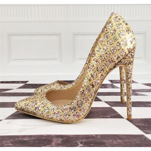 Gold green glitter shoes 12cm high heels 10cm heel sexy high heels woman party 8cm shoes plus size 45 LF002 CHENSIR9