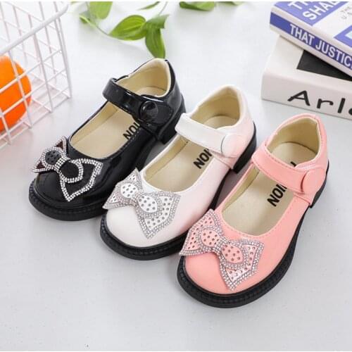 Childrens Leather Shoes 2021 Autumn New Girls Bow-knot Soft-soled Sweet Heel Fashion Shoes for Wedding Student Shoes Non-slip