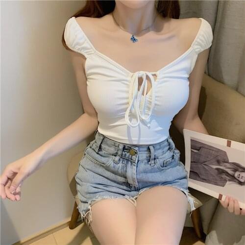 Sexy V-neck Lace-up Chest Slimming Cotton Short-sleeved T-shirt with No Decorations for Women, All-match Waist Strap white off s