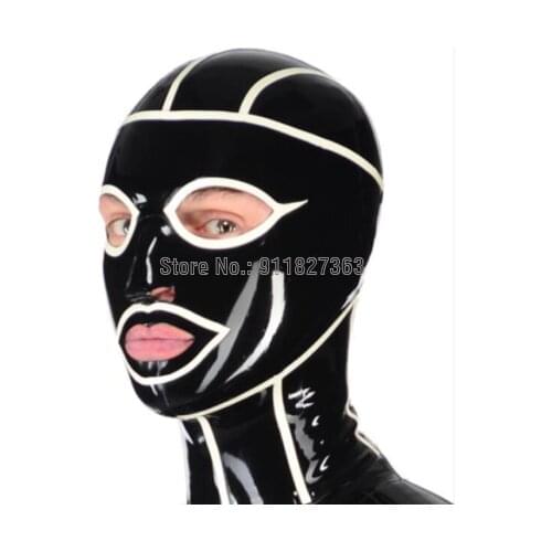 Hot sexy exotic lingerie handmade geometrical spliced black latex hoods with white trim back zipper