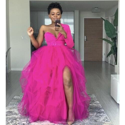 High Street 2 Pieces Women Sets Chic One Shoulder Blouse With Puffy Long Tulle Skirts Sexy Split Women Clothing Birthday Party