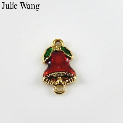 Julie Wang 10PCS Alloy Enamel Red Christmas Bell Connectors For Pendant charm Bracelet necklace DIY Jewelry Findings Accessory