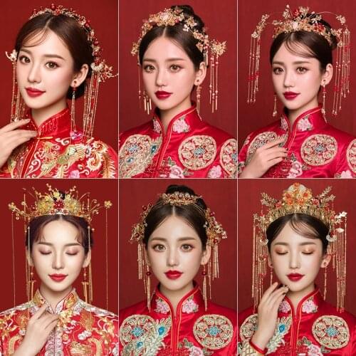 Chinese Bridal Headdress Tranditional Wedding Crown Hair Comb Hairpins Set Brides Costoume Hair Accessories Floral Headbands