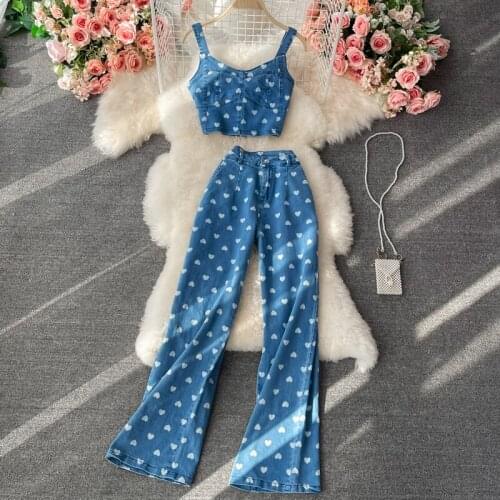 Korobov Korean Streetwear Summer Women Denim Suits Vintage Love Print Tank Top and High Waist Wide Leg Pants Outfits Mujer