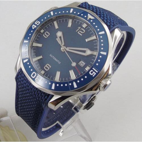 Dress 41mm Blue Automatic Men Watch Luminous Marks MIYOTA 8215 Rubber Strap Flat Sapphire Glass Rotating Bezel