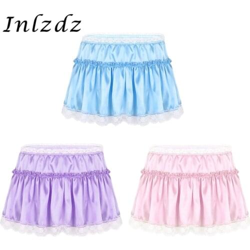 Mens Sissy Crossdresser Lingerie Mini Skirts for Sex Satin Lace Hem Short Skirt Frilly Ruffled A-line Exotic Sissy Mini Skirts