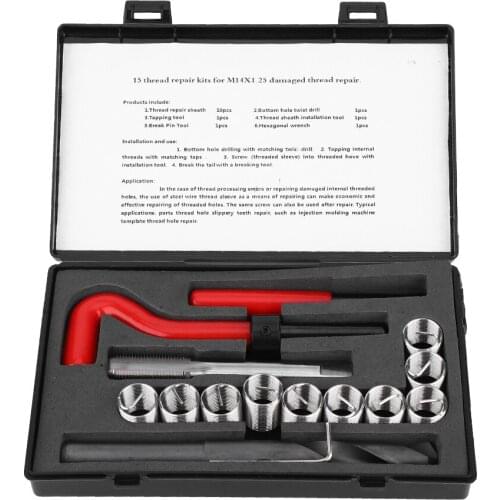 15Pcs Thread Repair Kit Stainless Steel Twisted Drill Wrench Threaded Insert for Car M14x1.25