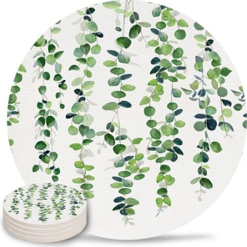 Eucalyptus Garland Round Coaster Set Non-slip Heat Proof Ceramic Coffee Drink Coasters Table Decoration Placemats