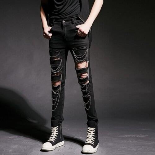 2020 New Fashion Mens Punk Hole Ripped Pants Korean Slim Fit Pencil Pants Casual Mens Chains Hip Hop Street Dance Pants M-2XL