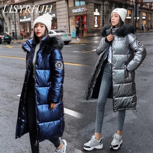 LISYRHJH High Quality 2020 New Winter Jacket Women Warm Thicken Hooded With Fur Long Coat Shining Fabric Stylish Female Parka