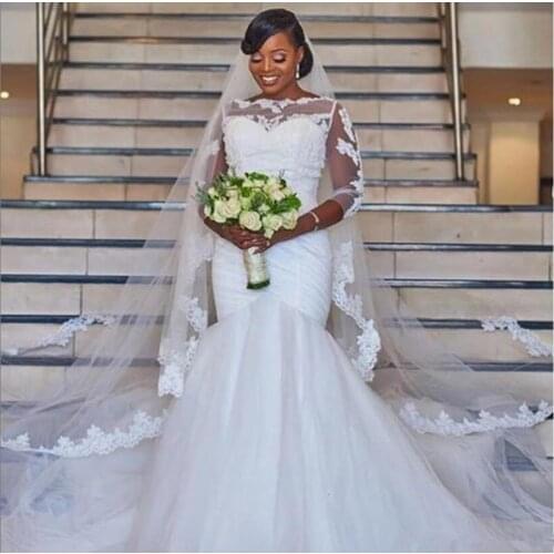 New Mermaid Arrival Dressed in South African Tulle Wedding 3/4 Illusion Plied Vintage Dress Novice Applications