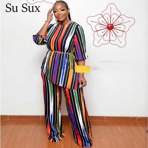 African Clothes Rainbow Striped Two Piece Set Tracksuit Women African Dresses For Women O-Neck Top&Long Pants Set Outfit Vestido