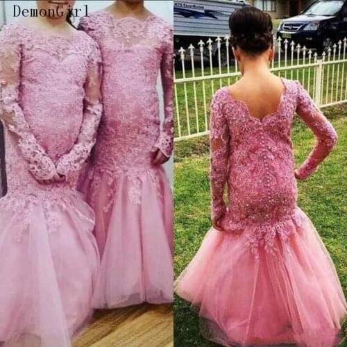 Mermaid Flower Girl Dresses For Wedding Lace Long Sleeve Applique First Communion Dresses Custom Made