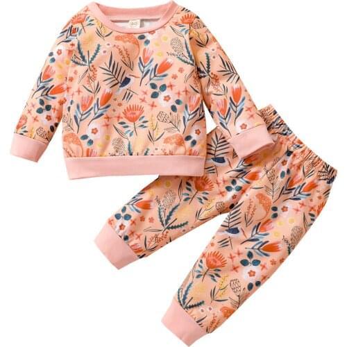 New Girls Casual Two-piece Clothes Set, Leaves and Flower Printed Pattern Pullover and Pants