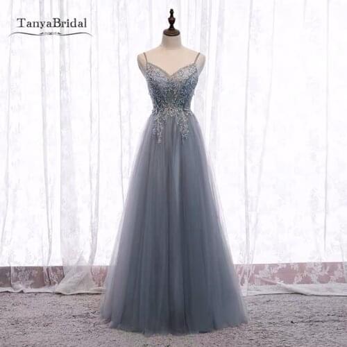 Dusty Blue Gray Prom Dresses V Back A Line Appliques Beads Tulle Formal Evening Dresses JQ768