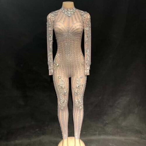 Silver Sparkly Rhinestones Jumpsuit Big Stones Bodysuit Womens Performance Party Celebrate luxurious Costume Dance Clothing