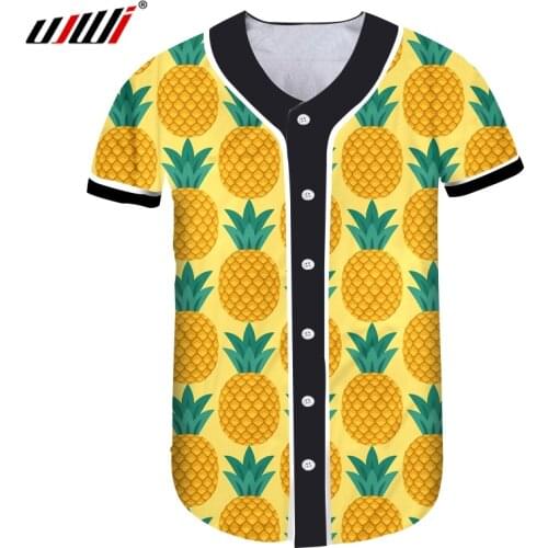 UJWI Short-sleeved Shirt Men Short Baseball Shirt 3D Printed Yellow Pineapples Casual Oversized Clothes Unisex Spring Attire