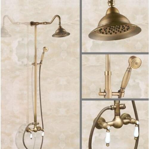 Vintage Retro Antique Brass Wall Mounted Bathroom 7" Round Rain Shower Head Faucet Set Dual Ceramic Handles Mixer Tap man515