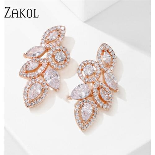 ZAKOL 2020 Classic Leaf Cubic Zirconia Copper Stud Earrings for Women Bridal Wedding Party Accessories Jewelry Aretes De Mujer