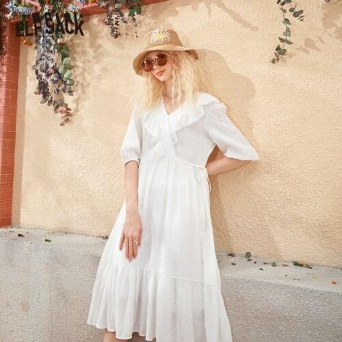 ELFSACK Solid PurelCasual Midi Vintage Dresses Women,2021 Summer Ruffle Half Sleeve High Waist Ladies Party Dress