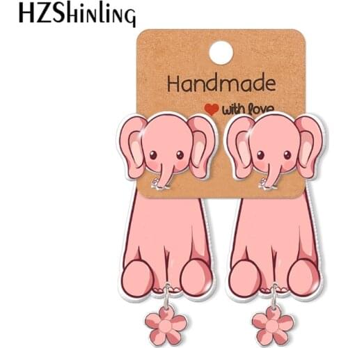 2021 New Baby Elephant with Flower Acrylic Stud Earring Animal Epoxy Resin Jewelry Handmade Items Gifts Girl