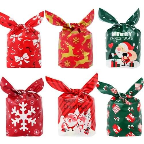 25/50Pcs Bunny Ears Christmas Candy Bag Santa Snowflake Gift Cookie Packing Plastic Bag For New Year Xmas Party Decor Gift Pouch