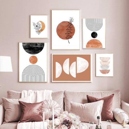Terracotta Sun and Moon Boho Abstract Canvas Painting Wall Art Posters Eucalyptus Flower Plants Line Art Prints Bedroom Decor