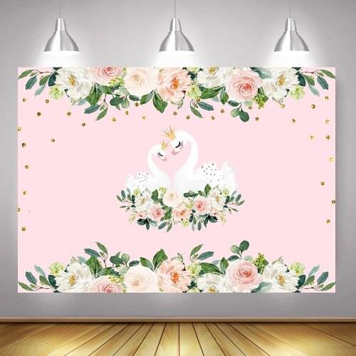 White Swan Princess Birthday Party Banner Photography Backdrop Newborn Baby Shower Background Watercolor Flowers Gold Dots Pink