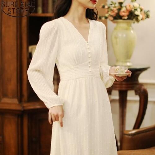 Elegant Sweet Woman Dresses French Style Vintgae Dress Puff Long Sleeve Apricot Dress V-neck Chiffon Dress with Button 13231