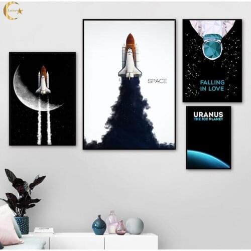 Cartoon Rocket Astronaut Space Limit Canvas Painting Moon Star Uranus Planet Rocket Quotes Wall Art Picture Home Decoration