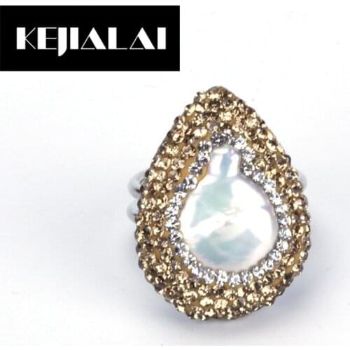 KEJIALAI Fashion Unique Style Rhinestone Rings for Women Men Pave Freshwater Pearl Shell Charm Colorful Rhinestone Crystal Gift