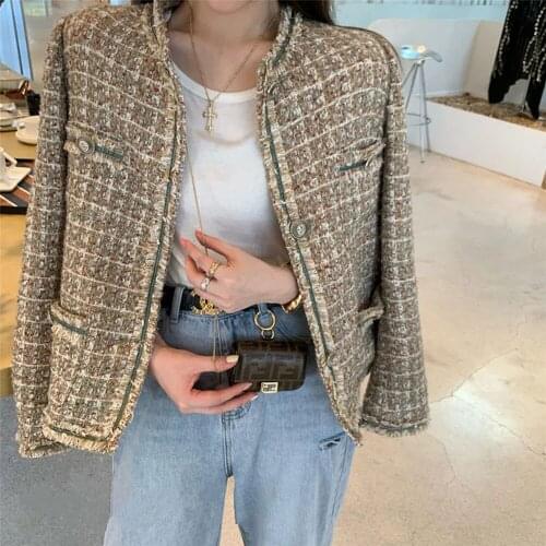 French Small Fragrance Jacket Women Spring Autumn Elegant Loose Long-sleeve Lady Fashion Jacket Tweed Weave Short Top Outerwear