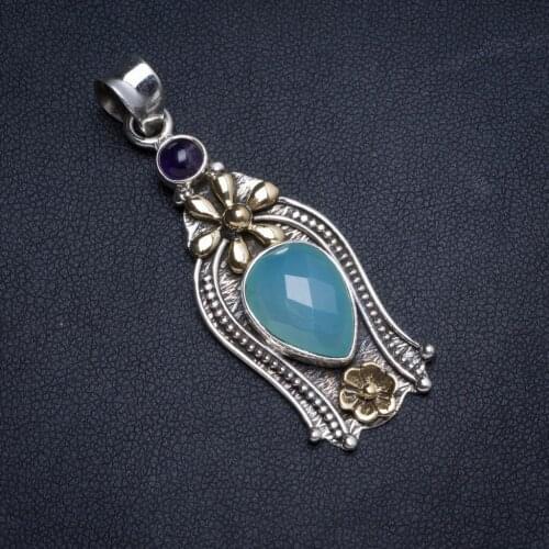 Natural Two Tones Chalcedony and Amethyst Handmade Unique 925 Sterling Silver Pendant 2" X0066