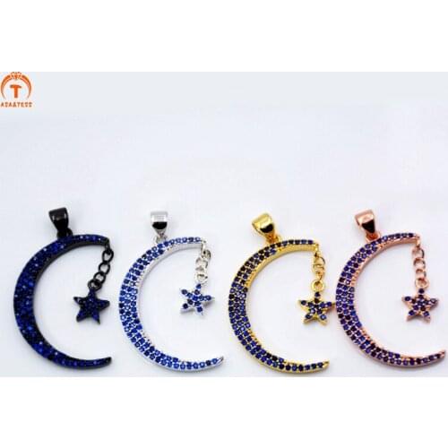 ASA&TESS Half moon crescent star pendant for necklace micro paved CZ Micro pave findings blue Cubic Zirconia plated colour