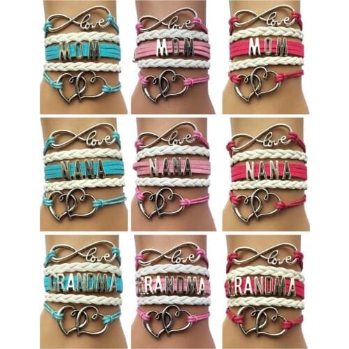 Drop Shipping Infinity Love Mom/Nana/Grandma Bracelet- Family Gift Heart Charm Handmade Leather Wrap Retro
