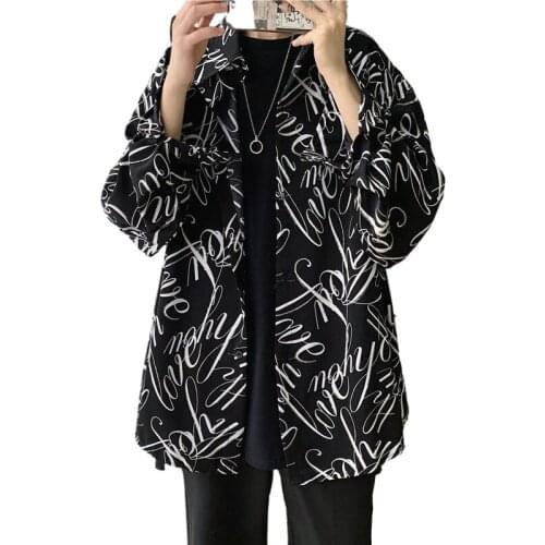 Trend long sleeve shirt mens Korean version loose autumn and winter Harajuku BF Hong Kong version mens printed shirt clothes