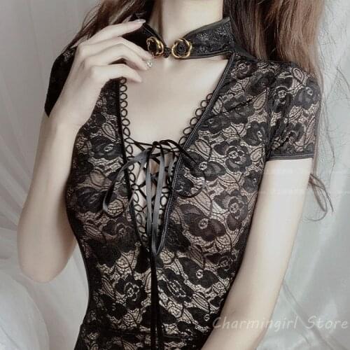 Sexy Cheongsam Uniform 2021 New Lace Chinese Traditional Dress for Women Festival Gothic Mini Cheongsams Party Fashion Qipao