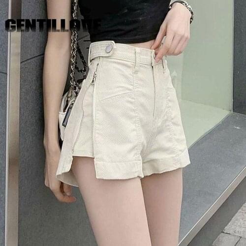 Casual Summer Women Denim Shorts High Waist Jeans Fur-Lined Button Pockets Shorts Slim Fashion Zipper Wide Leg Trousers