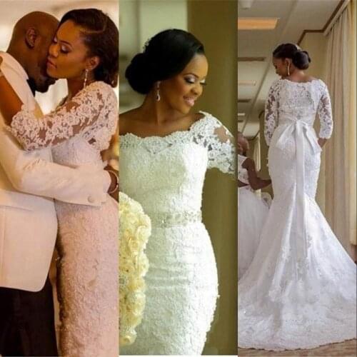 Mermaid Wedding Dresses Off Shoulder Full Lace Applique Beaded Sash 3/4 Long Sleeves Sweep Train African Nigerian Bridal Gowns