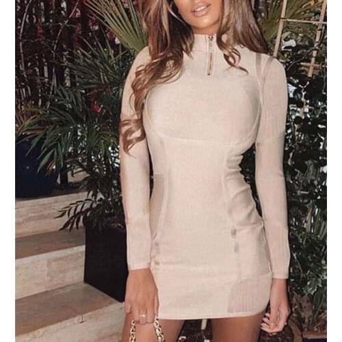Sexy Women Nude Beige Autumn Turtleneck Slim Long Sleeve Bodycon Fashion High Neck Club Stretch Good Quality Bandage Dresses