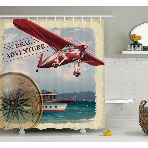 Adventure Shower Curtain Real Adventure Quote with Coastline and a Red Airplane Journey Travel Themed Art Bath Curtains