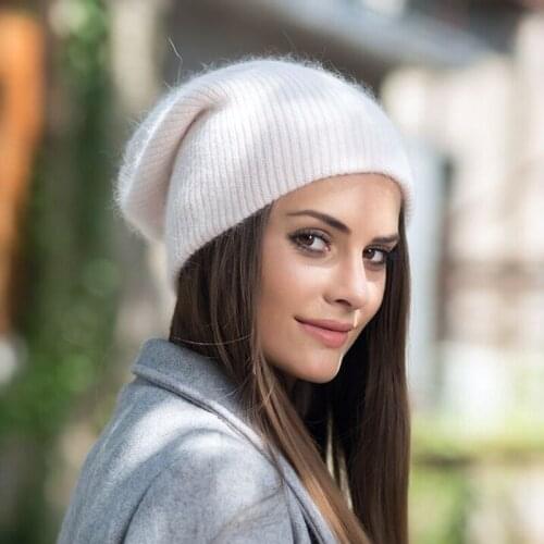 2022 Winter Hats For Women Beanie Hat Rabbit fur Woman Hat Winter Beanies for Ladies Knitted Hat Cashmere Autumn Solid Bonnet