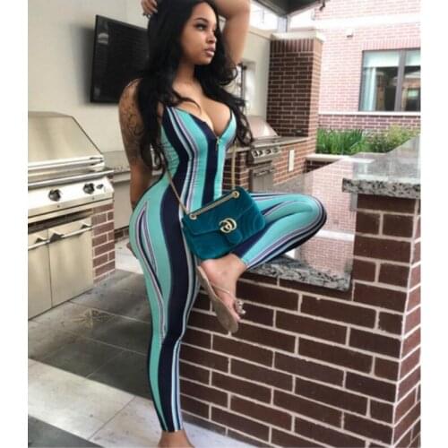 Women Summer Fashion Sexy Jumpsuit Zipper Front Striped Sleeveless Jumpsuits
