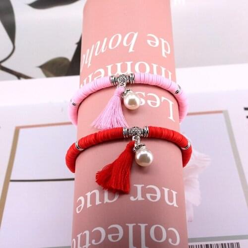 Boho Colorful Polymer Clay Bracelet for Women Adjustable Elastic Soft Pottery Imitation Pearls Tassel Bracelet Beach Jewelry E35