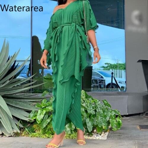2019 Summer Dress Women V-Neck Full Sleeve Pleated Asymmetric Loose Ruffled Loose Dress Office Lady Dress GLCF0282