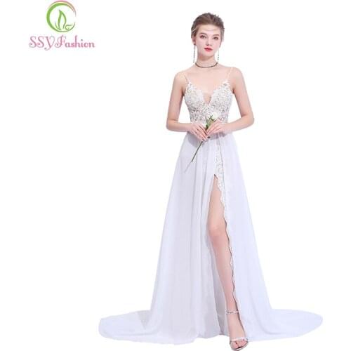 SSYFashion New Sexy Evening Dress Sleeveless V-neck High-split White Chiffon Sweep Train Backless Lace Appliques Prom Party Gown